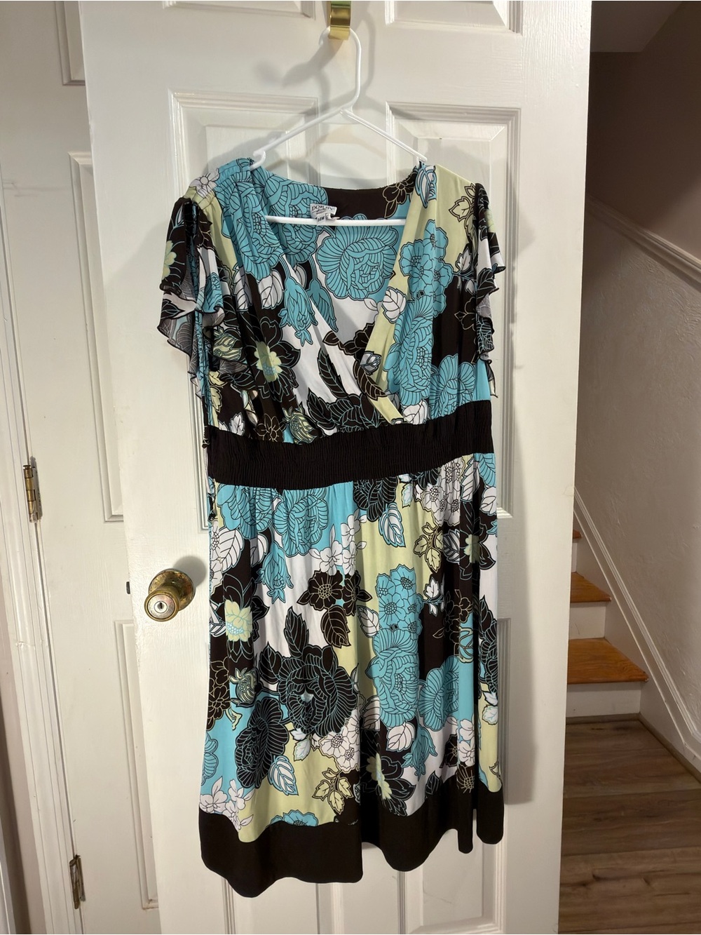 Dorby Floral V-Neck Midi Dress in Aqua, Black and Cream